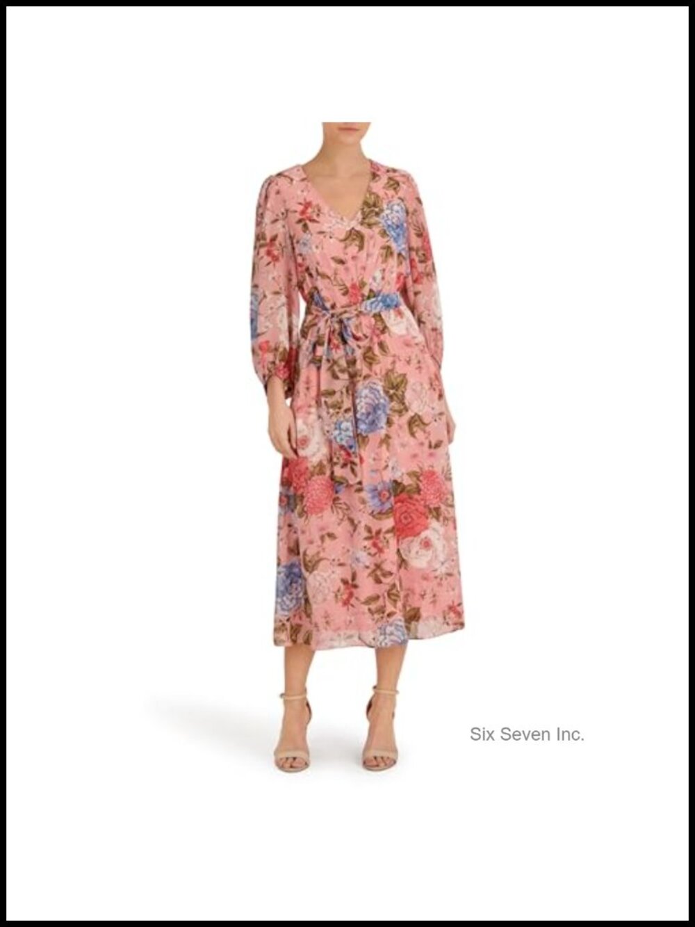 V-Neck Balloon Sleeve Floral Chiffon Midi Dress with Tie Waist